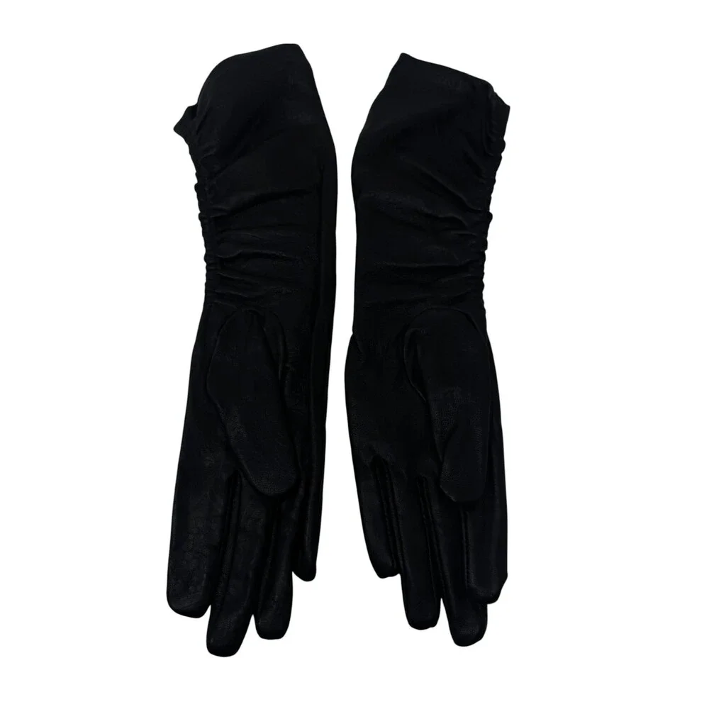 Adolfo Dominguez Black Ruched Leather Long Gloves womens Size 7½